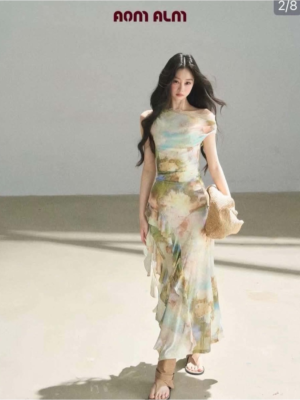 Pastel Watercolor Off-Shoulder Maxi Dress